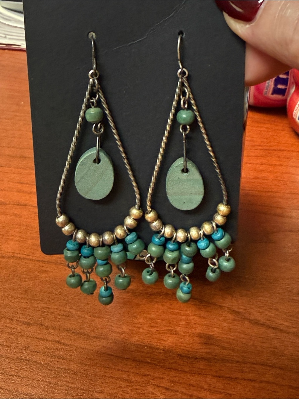 Boho-Chic Green & Blue Beaded Teardrop Dangle Earrings